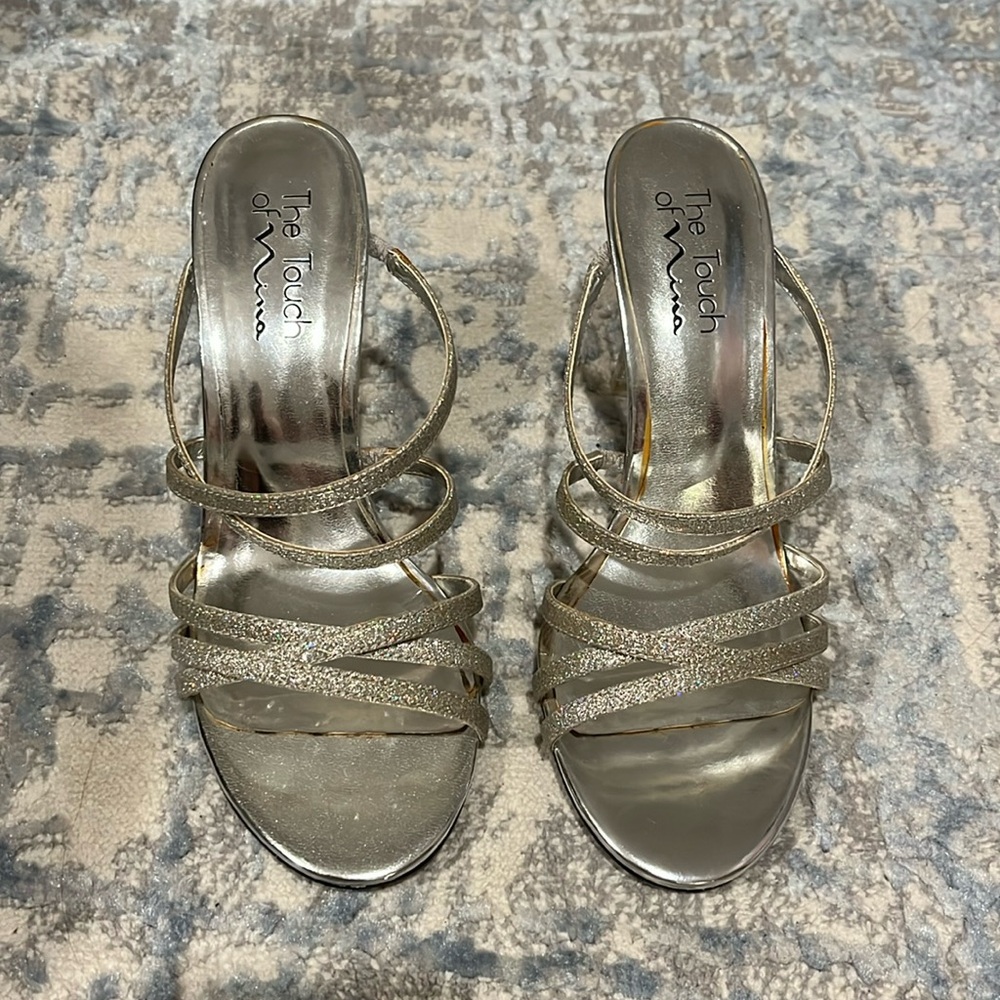 Nina sparkly silver heels with clear heel. The Touch of Nina